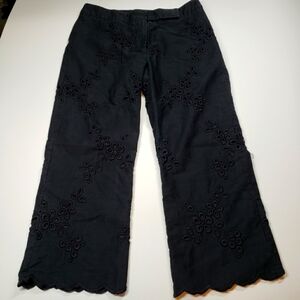 Embroidered Black Women's Pants Scallop Hem 100% Cotton